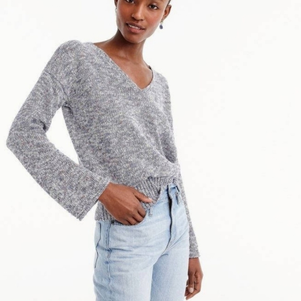 J. CREW Flared Sleeve Blue Marled Swing V Neck Pullover Sweater Size XL NWT